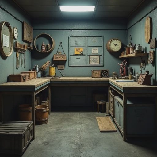 A compact and minimalist starter base interior showing a workbench next to a small storage container.