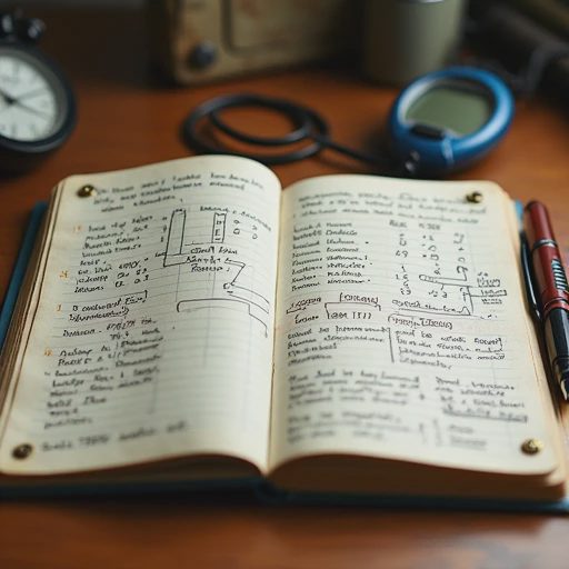 A well-worn, handwritten tactical notebook filled with raw, field-tested survival routes, resource timings, and arrows, resting on a wooden surface with a stopwatch.