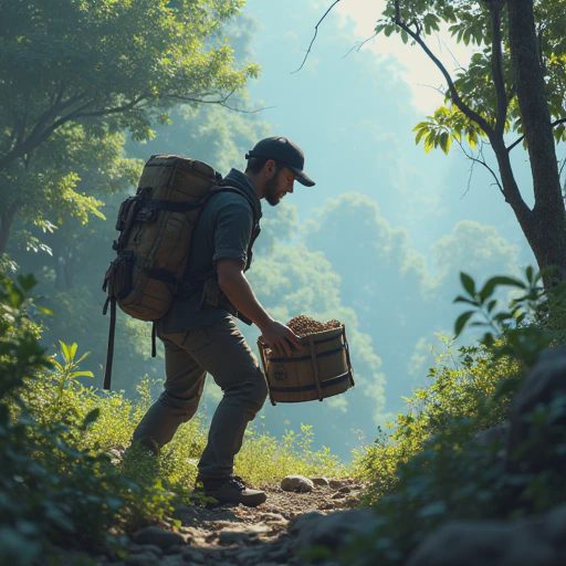 A player character packing up essential resources in a survival game to relocate to a new biome.