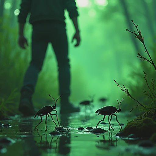 A first-person view of a player character ambushed by poisonous creatures immediately after entering a hostile green swamp biome.