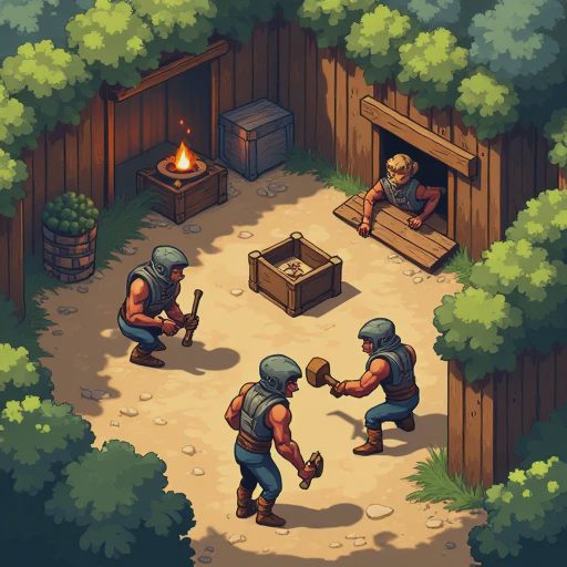 A multiplayer survival camp showing clear labor division, with group members simultaneously handling tool upgrades, storage, and resource gathering.