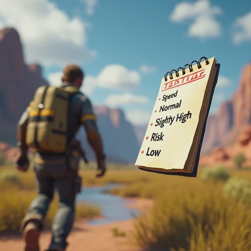 A survival player running a familiar resource route and noting down practical changes in speed, cost, and risk on a notepad.