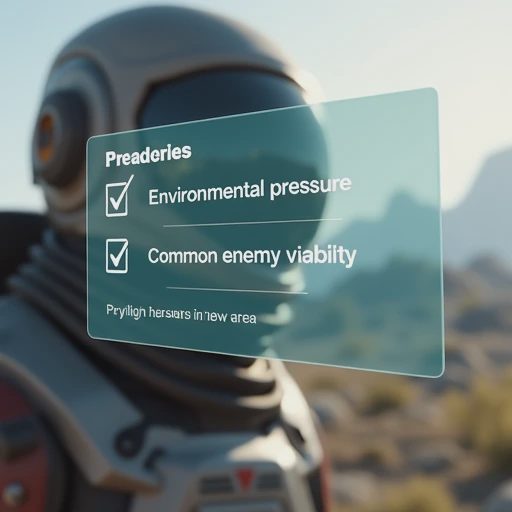 In-game close-up of a tactical checklist UI focusing on environmental pressure and enemy viability before entering a new biome.