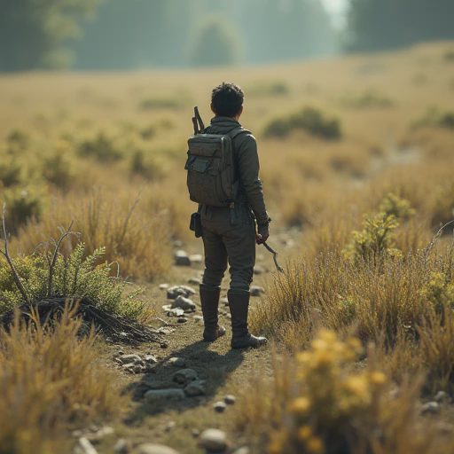 Close-up of a survival player walking past non-essential raw materials, leaving them on the ground to prioritize next-hour progression items.