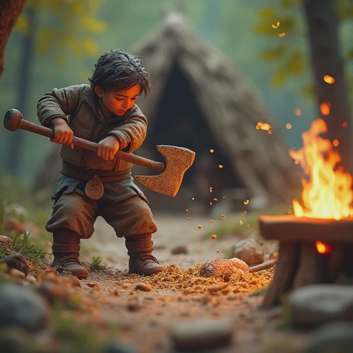 Close-up shot of a player character efficiently using an upgraded stone axe, with a workbench and furnace visible in a tidy early-game camp.