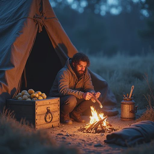 A player character resting comfortably by a warm campfire at night, with a functional shelter, food storage, and basic crafting station, illustrating stability.