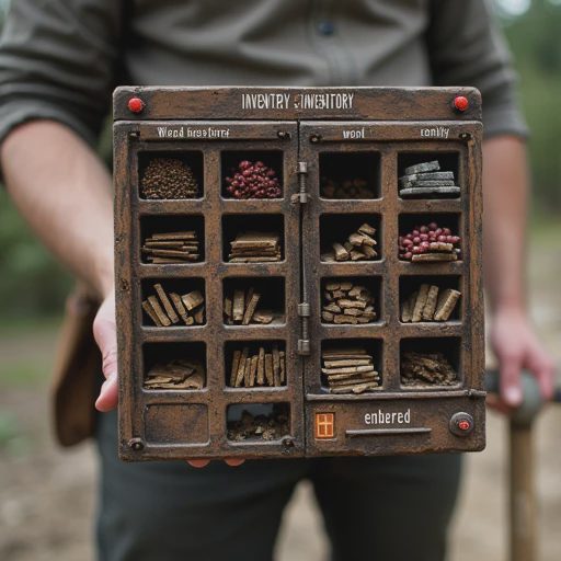 Close-up view of a game inventory screen completely filled with low-value raw materials, highlighting clutter and a 'too heavy' warning icon.